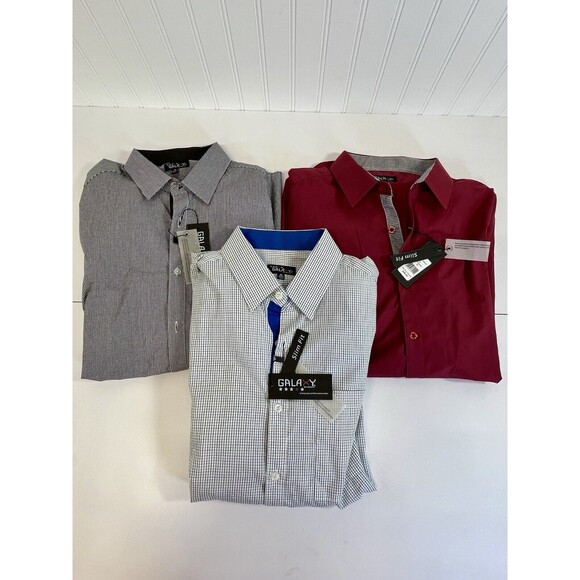 3 NWT Galaxy Mens Size M Slim Fit Long Sleeve Dress Shirt. Contrasting Cuff/Seam - Picture 1 of 9